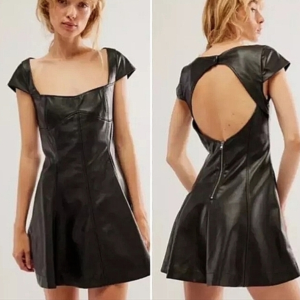Free People Mimi Vegan Leather Dress + Cut Out Back Sz Black Size 4 NWT$148